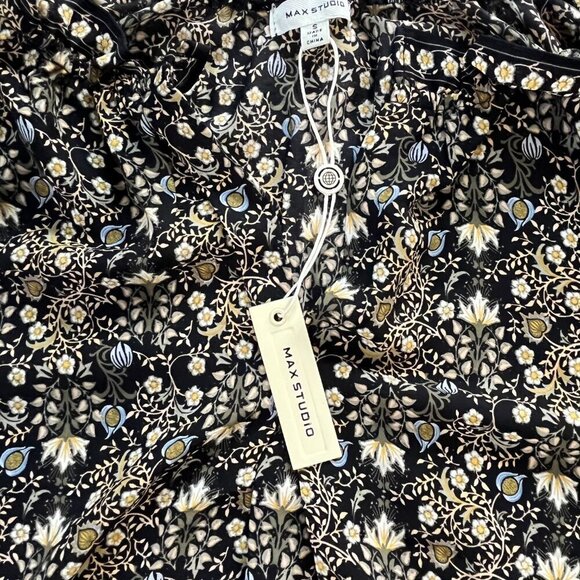 Max Studio Black Floral Print Boho Style Long Sleeve V-Neck Blouse | Size S - Picture 5 of 7